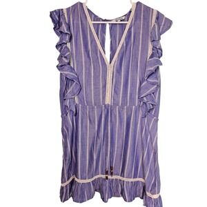 Blue Island Blue White Striped Boho Crotchet‎ Ruffle Sleeve Dress Medium Coastal